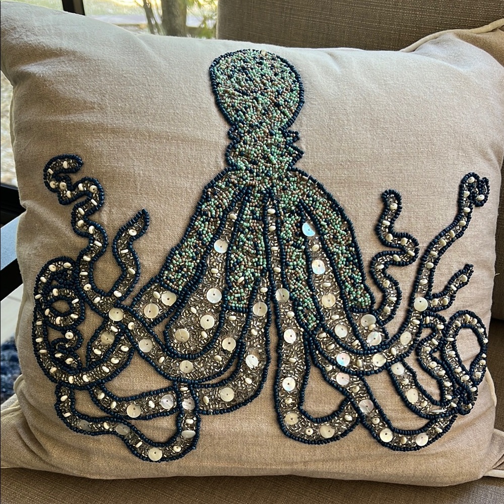 Beaded Octopus Throw Pillows (2) Tan Base with Blue/Green/Silver Beads & Sequins